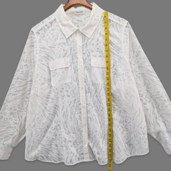 Calvin Klein Button Down Shirt Womens White Textured Sheer Pockets Size 2X - Picture 4 of 7